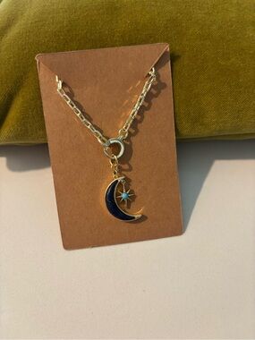 Gold Moon & Star Pendant Necklace with Navy Enamel